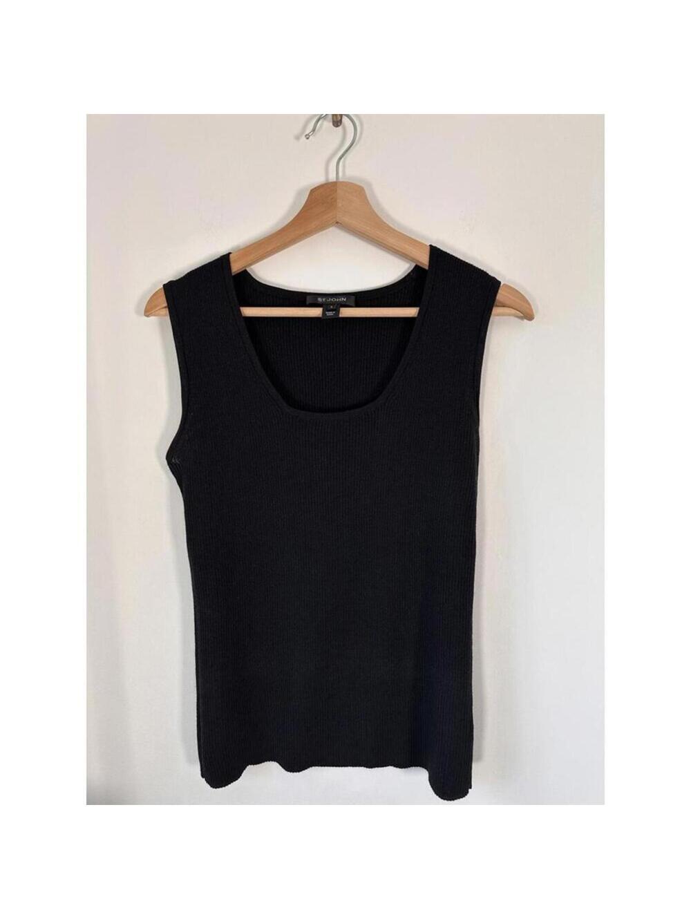 St. John Black Ribbed Knit Shell Tank S Wool Blend Slim Fit Sleeveless Top
